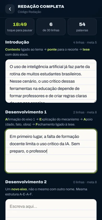 Tela de escrita com cronômetro e contador de linhas