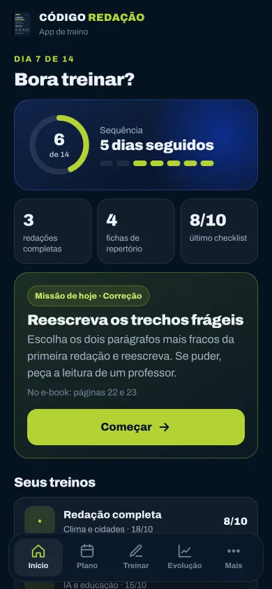 Tela inicial do app com a missão do dia e o progresso dos 14 dias