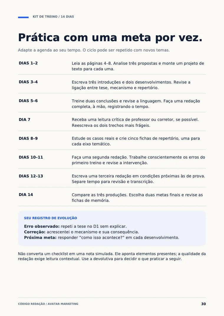 Página com o plano de 14 dias